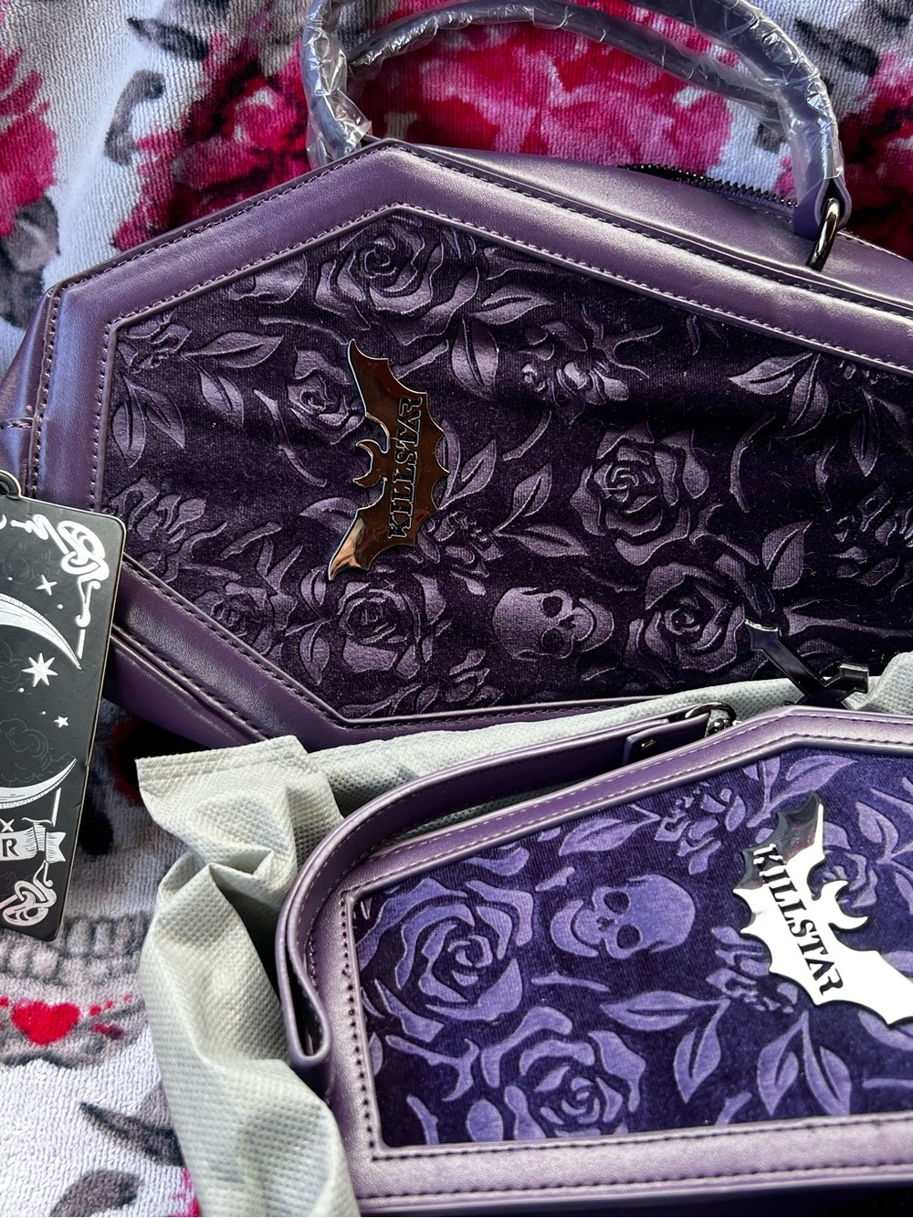 Killstar Purple Velvet Coffin Handbag with Rose & Skull Emboss